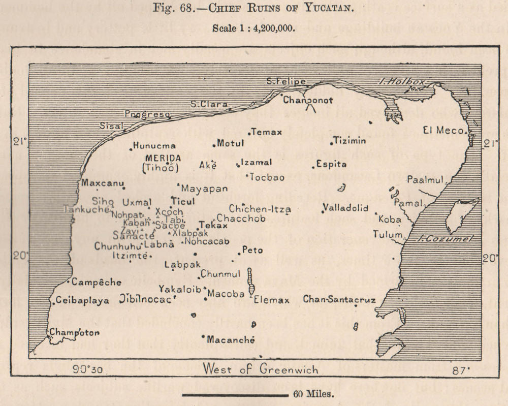 Chief Ruins of Yucatan. Mexico 1885 old antique vintage map plan chart